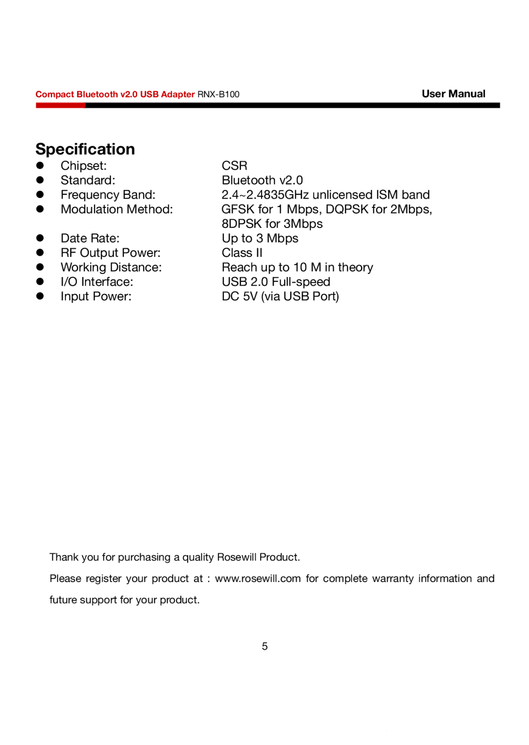 Rosewill RNX-B100 user manual Specification, Csr 