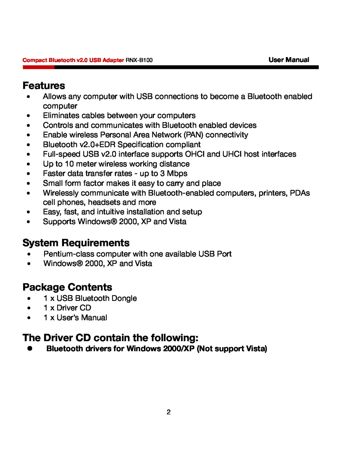Rosewill RNX-B100 user manual Features, System Requirements, Package Contents, The Driver CD contain the following 