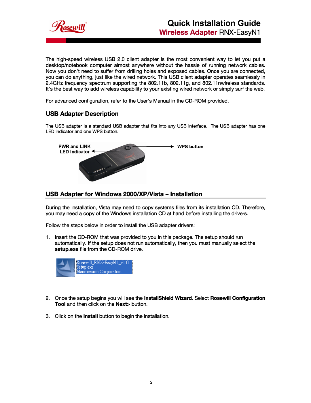 Rosewill manual Quick Installation Guide, Wireless Adapter RNX-EasyN1, USB Adapter Description 