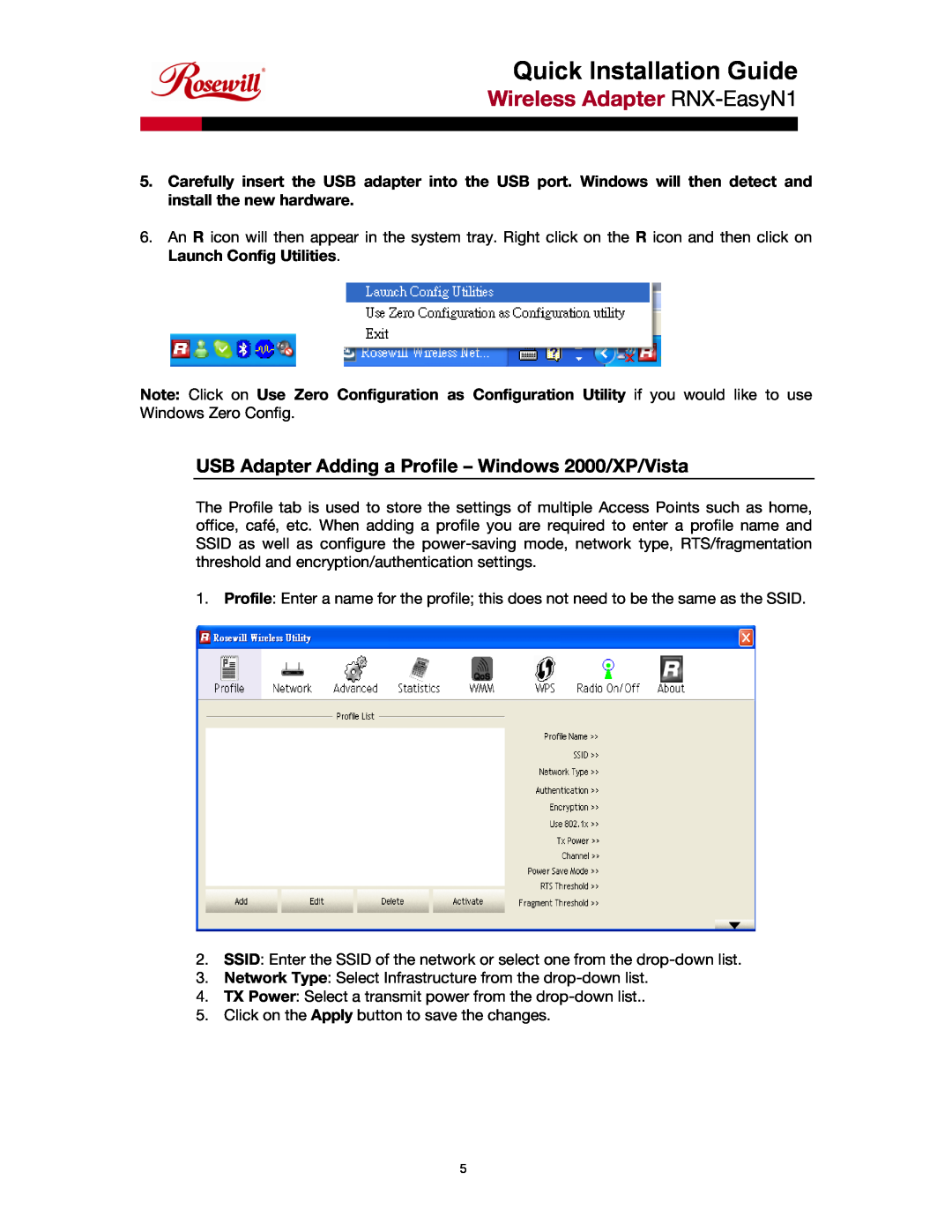 Rosewill RNX-EasyN1 manual USB Adapter Adding a Profile - Windows 2000/XP/Vista, Quick Installation Guide 