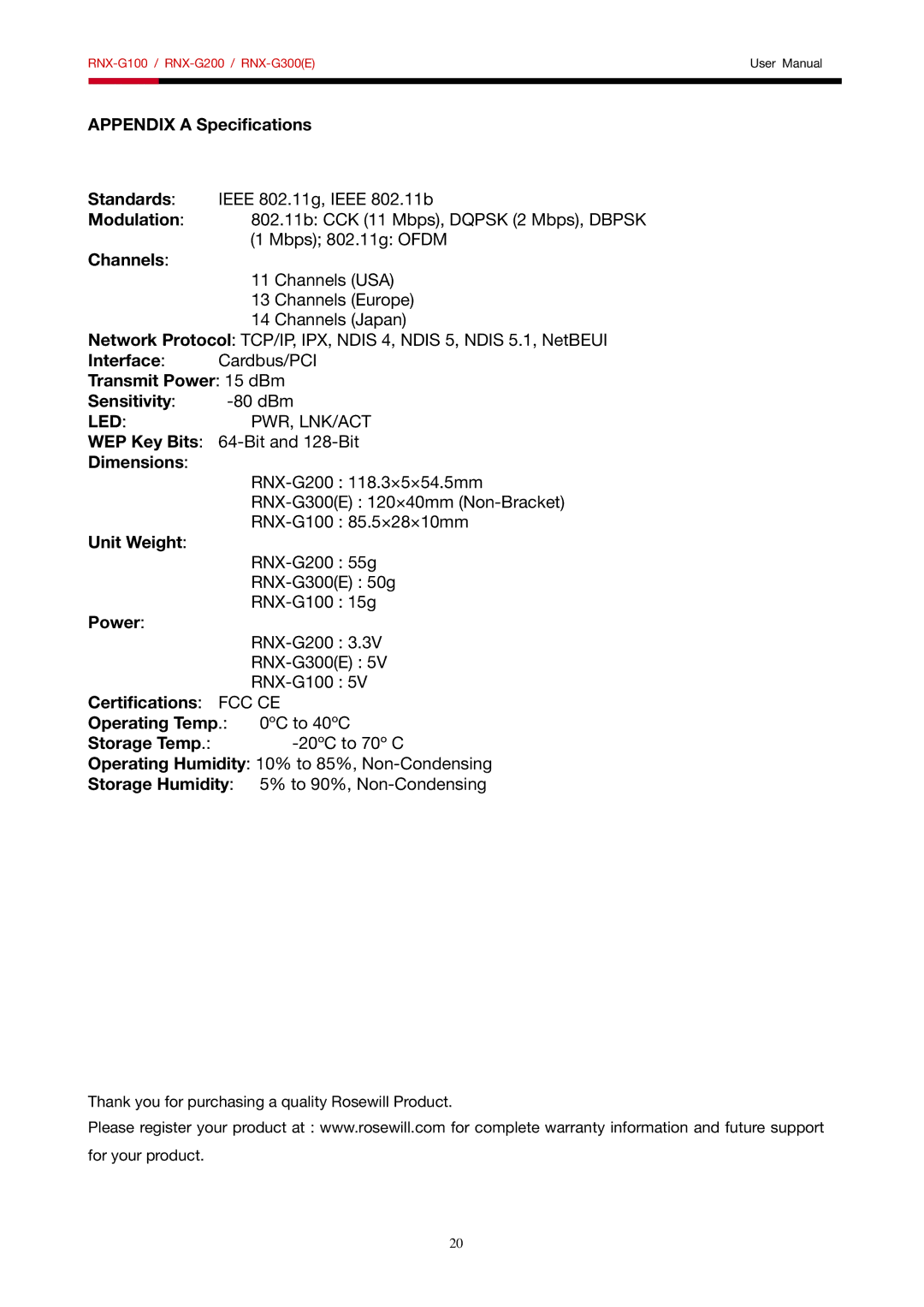 Rosewill RNX-G100, RNX-G200, RNX-G300 Appendix a Specifications Standards, Modulation, Channels, Interface, Sensitivity 