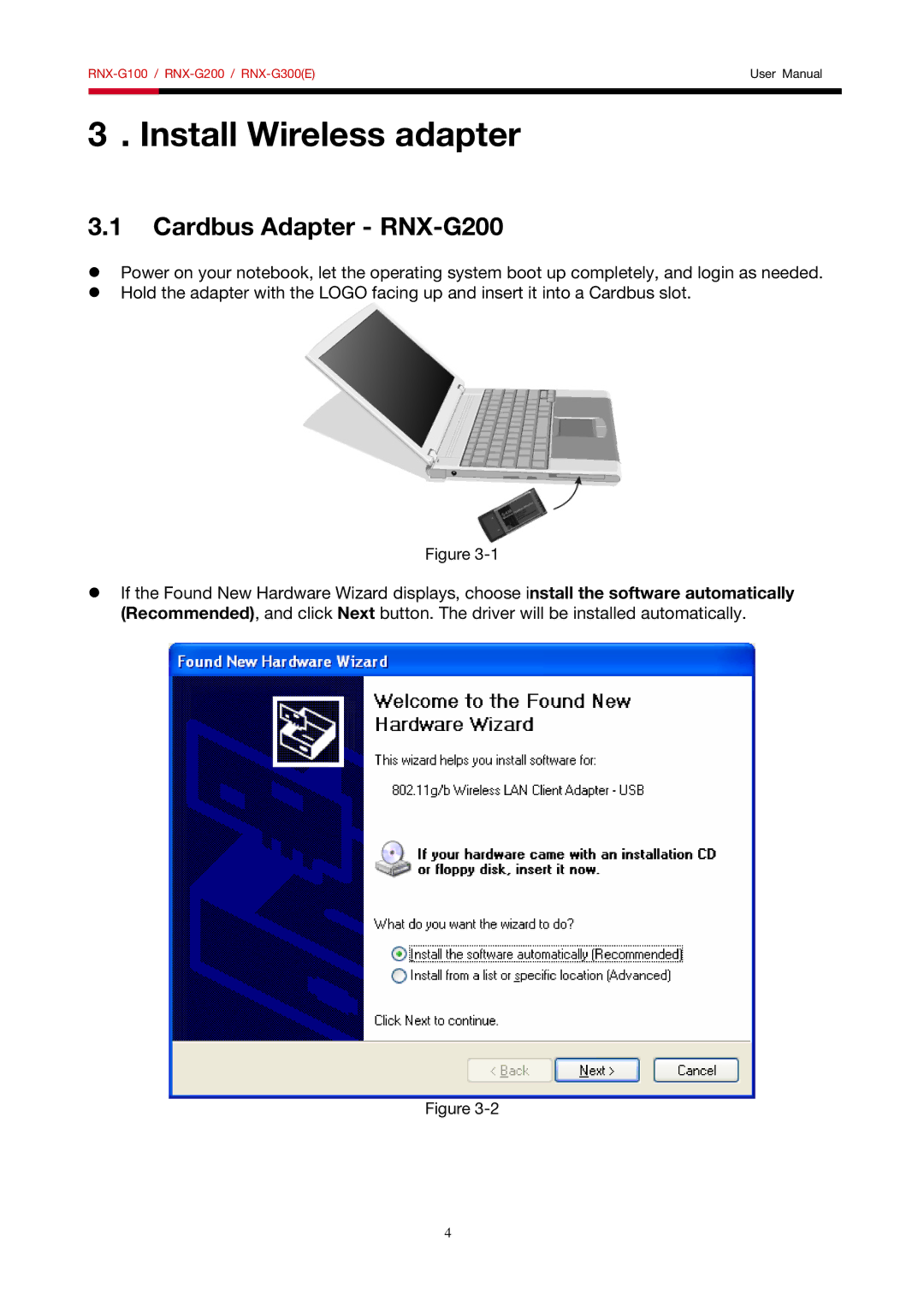 Rosewill RNX-G100, RNX-G300(E) manual Install Wireless adapter, Cardbus Adapter RNX-G200 