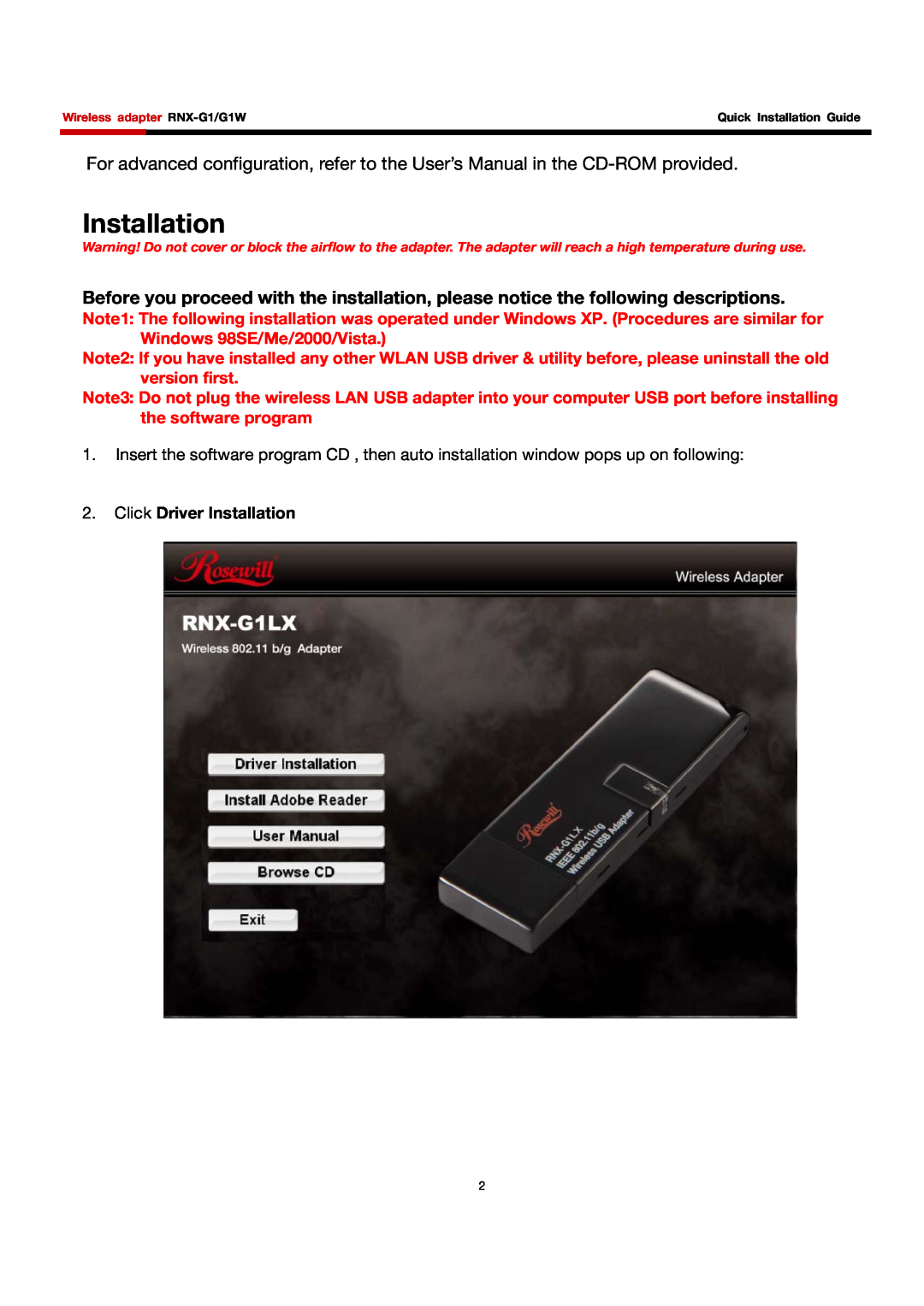Rosewill RNX-G1/G1W manual Click Driver Installation 