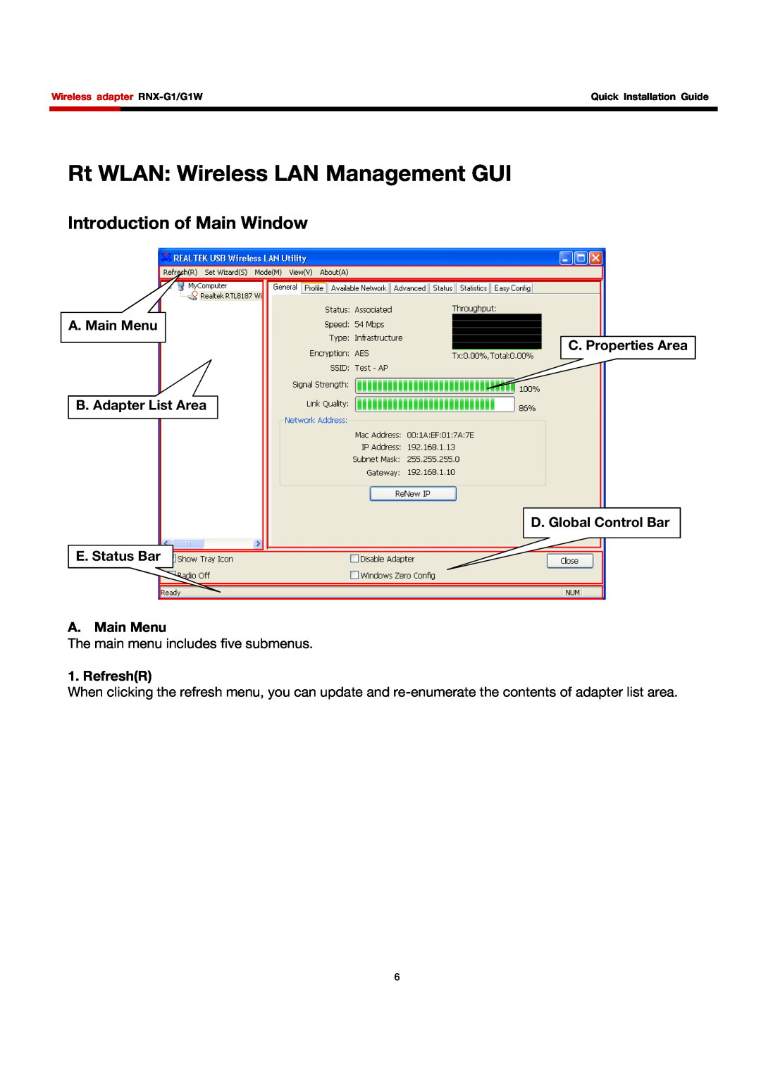 Rosewill RNX-G1/G1W Rt WLAN Wireless LAN Management GUI, Introduction of Main Window, The main menu includes five submenus 