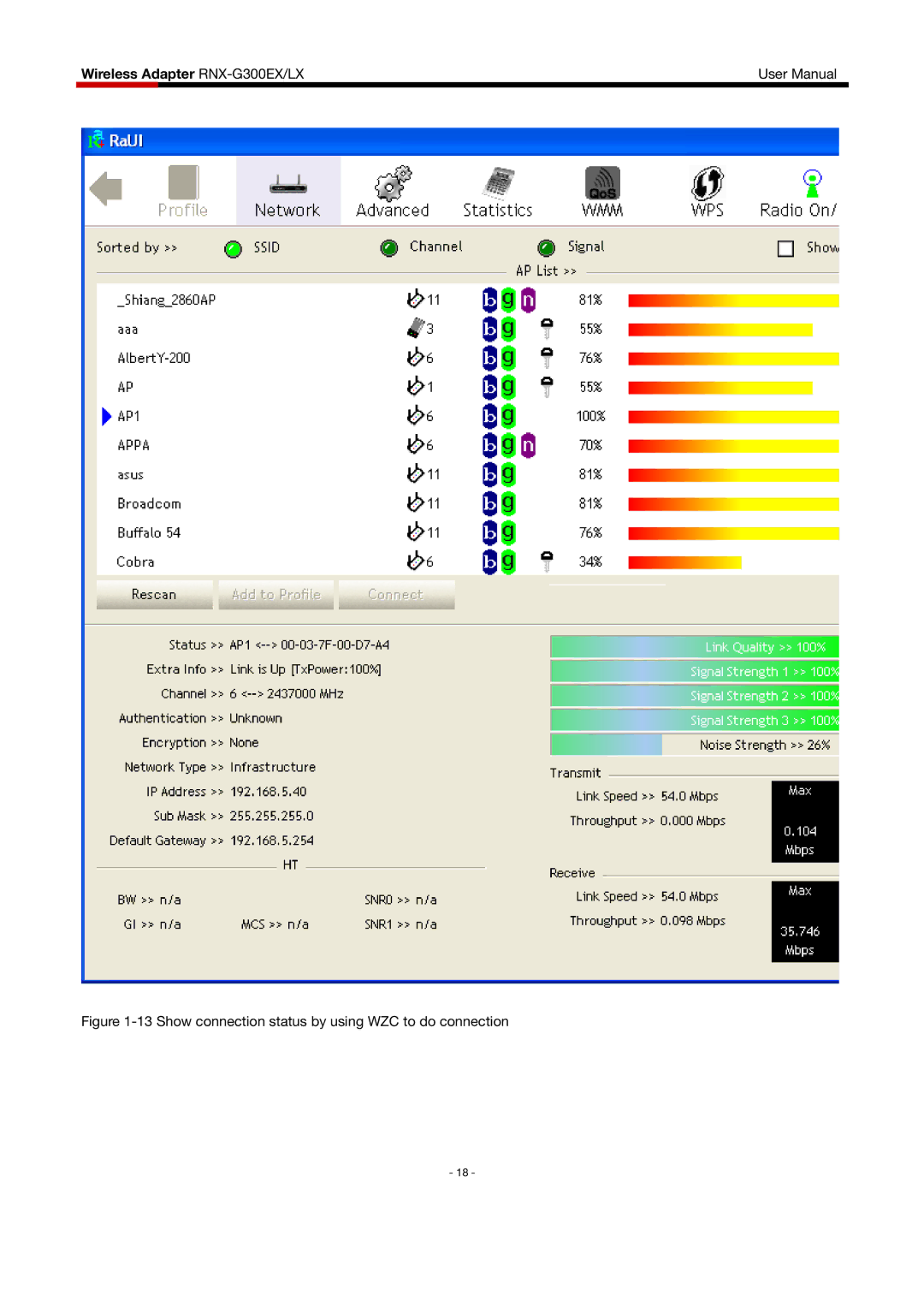 Rosewill RNX-G300EXLX user manual Show connection status by using WZC to do connection 