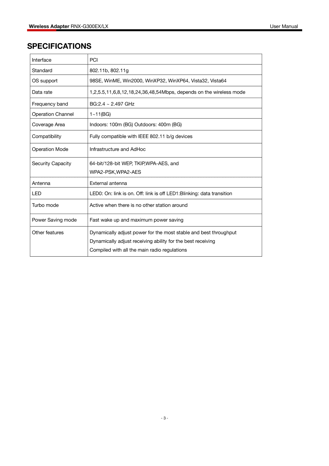 Rosewill RNX-G300EXLX user manual Specifications, Pci 