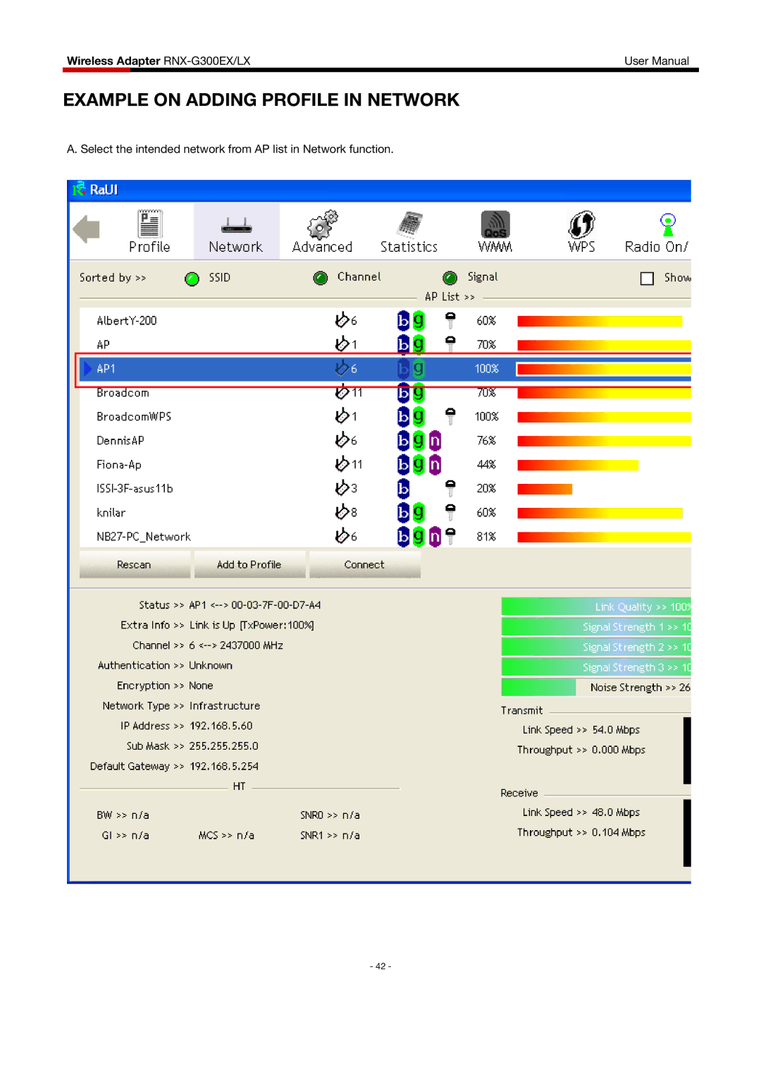 Rosewill RNX-G300EXLX user manual Example on Adding Profile in Network 