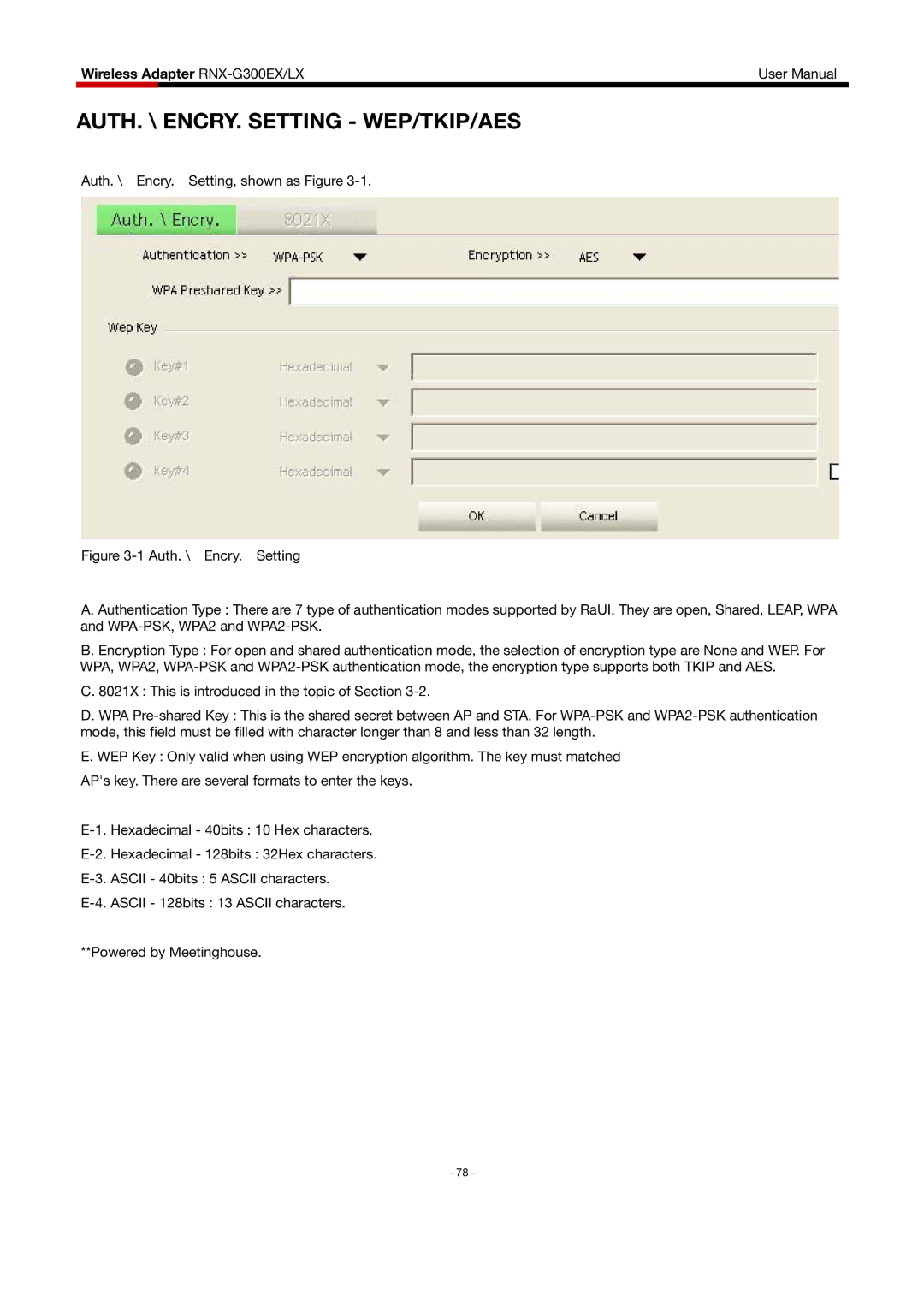 Rosewill RNX-G300EXLX user manual AUTH. \ ENCRY. Setting WEP/TKIP/AES 