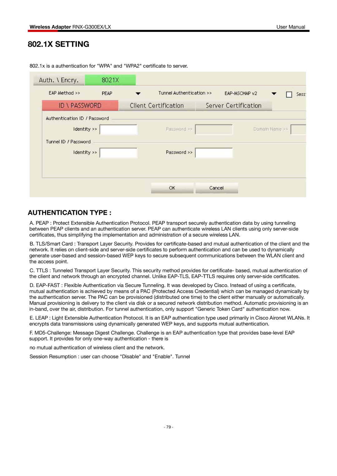 Rosewill RNX-G300EXLX user manual 802.1X Setting, Authentication Type 