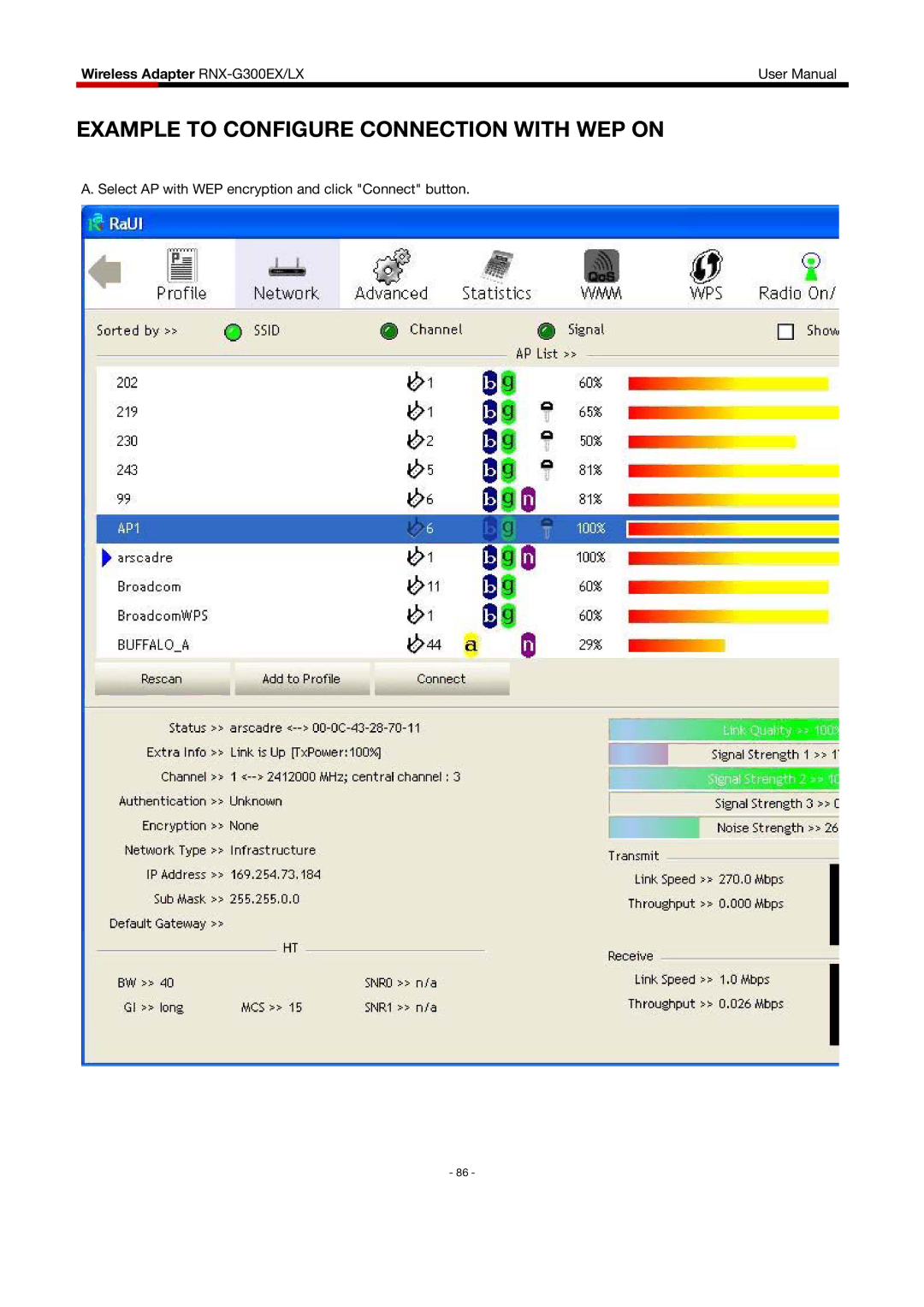 Rosewill RNX-G300EXLX user manual Example to Configure Connection with WEP on 