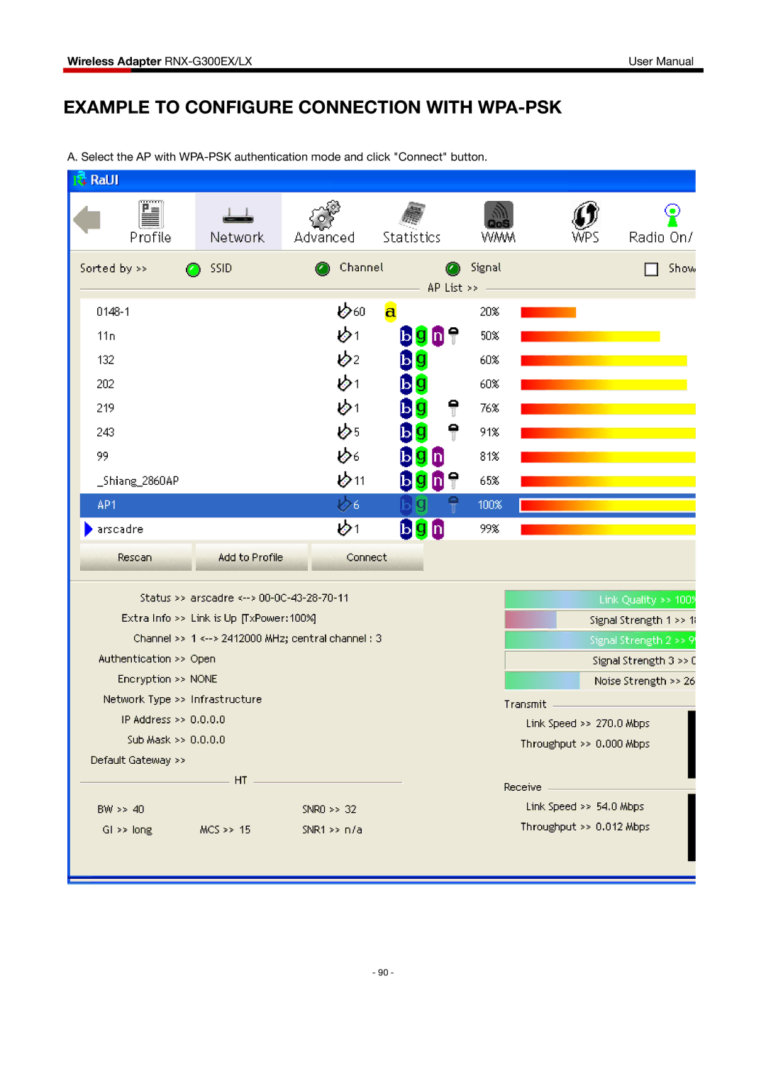 Rosewill RNX-G300EXLX user manual Example to Configure Connection with WPA-PSK 