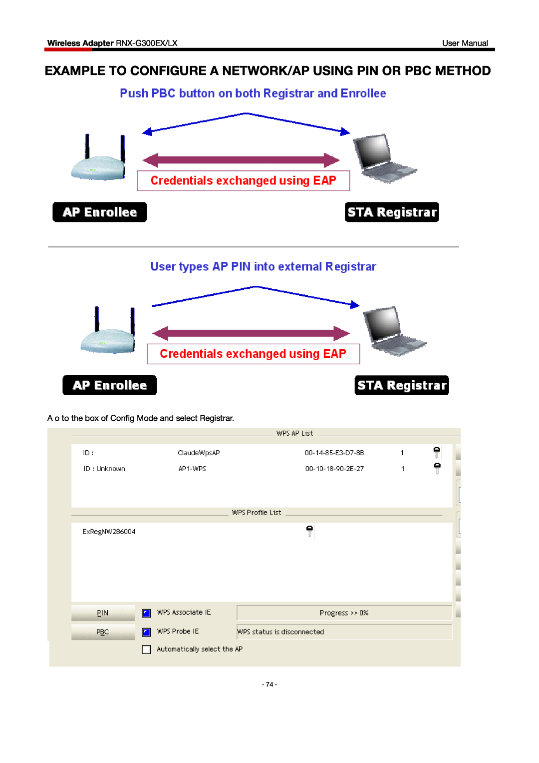 Rosewill RNX-G300EXLX user manual Example To Configure A Network/Ap Using Pin Or Pbc Method, Wireless Adapter RNX-G300EX/LX 