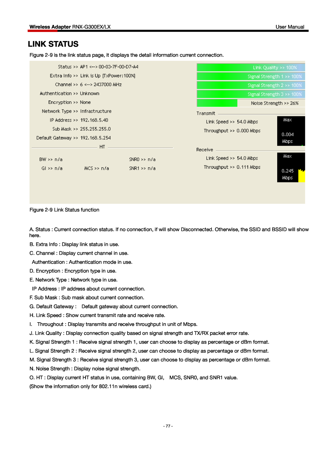 Rosewill RNX-G300EXLX user manual Link Status, Wireless Adapter RNX-G300EX/LX 