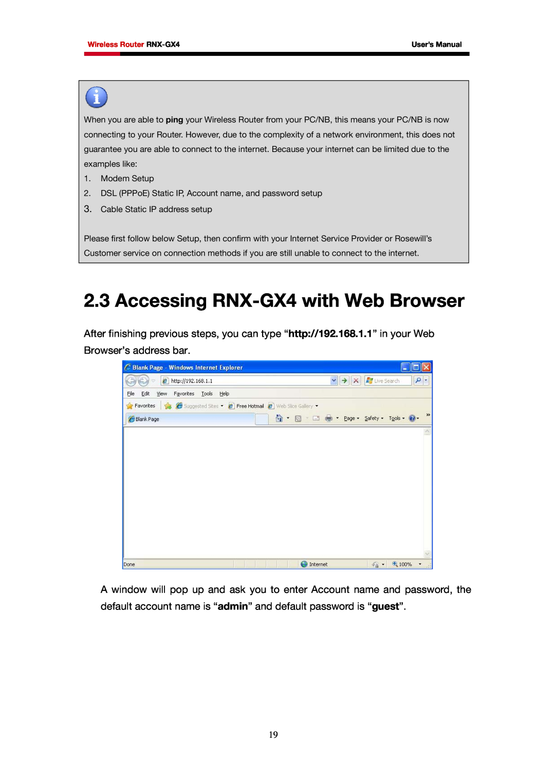 Rosewill user manual Accessing RNX-GX4 with Web Browser 