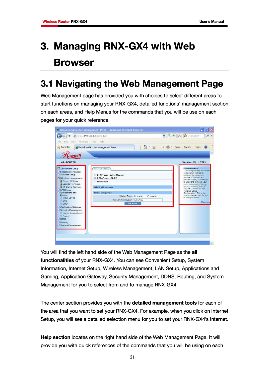 Rosewill user manual Managing RNX-GX4 with Web Browser, Navigating the Web Management Page 