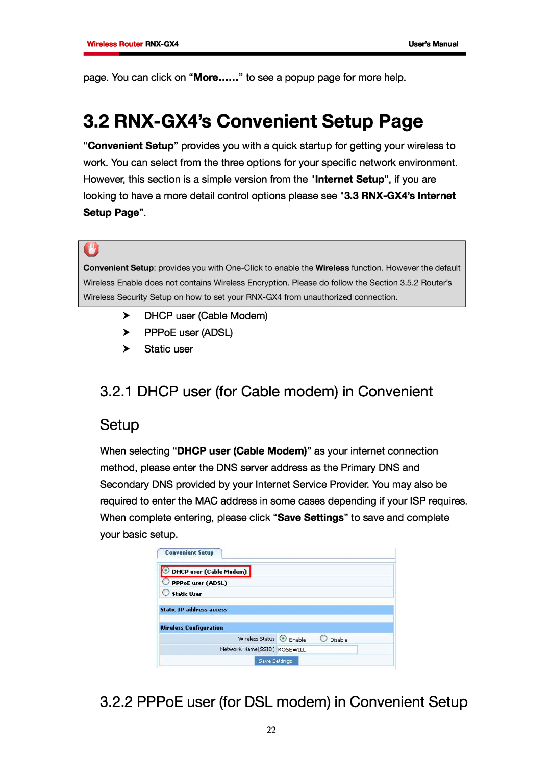 Rosewill user manual RNX-GX4’s Convenient Setup Page, DHCP user for Cable modem in Convenient Setup 