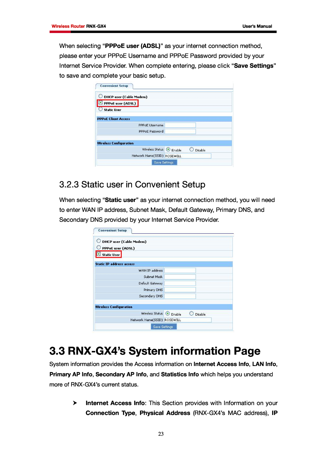 Rosewill user manual RNX-GX4’s System information Page, Static user in Convenient Setup 