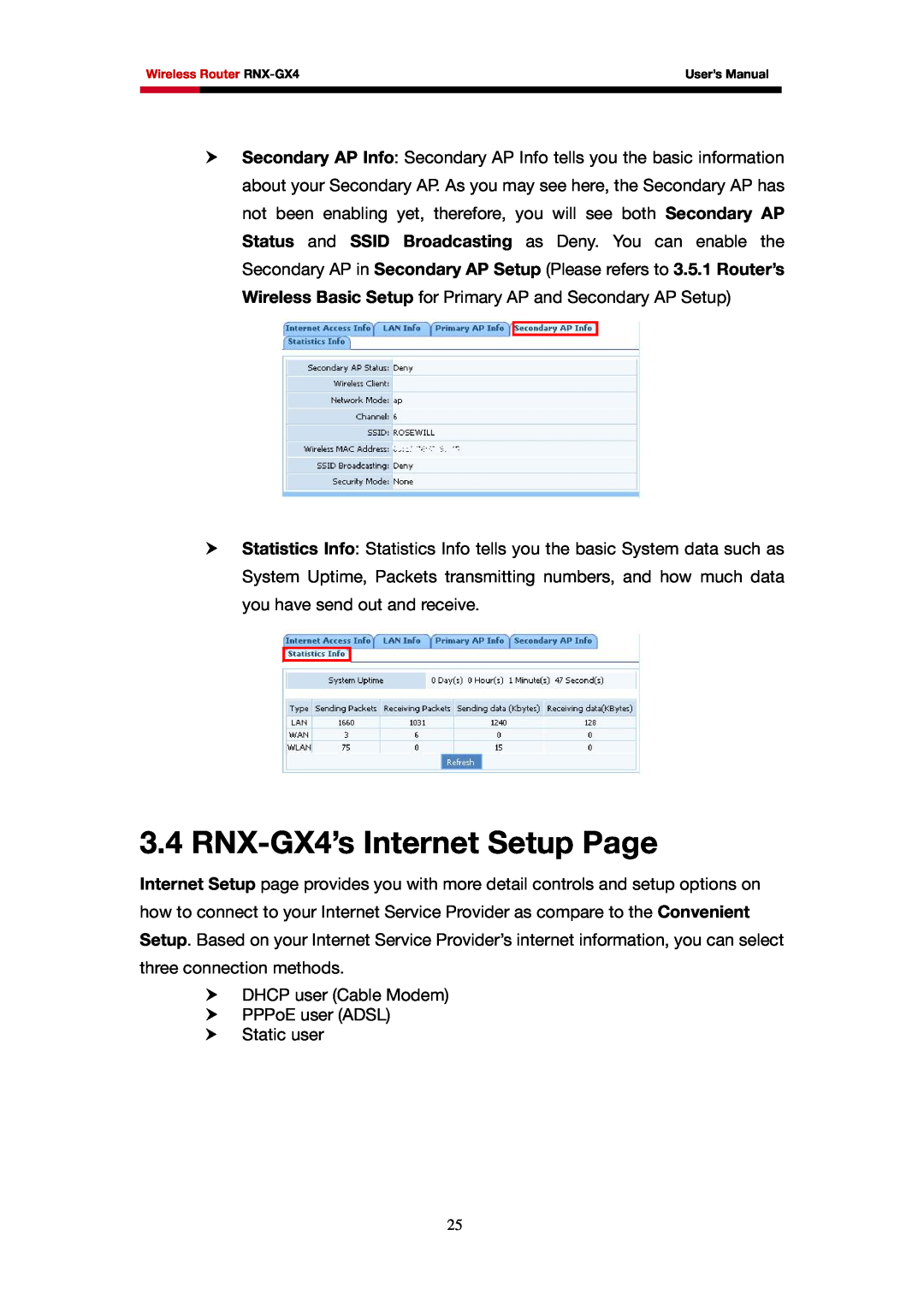 Rosewill user manual RNX-GX4’s Internet Setup Page 