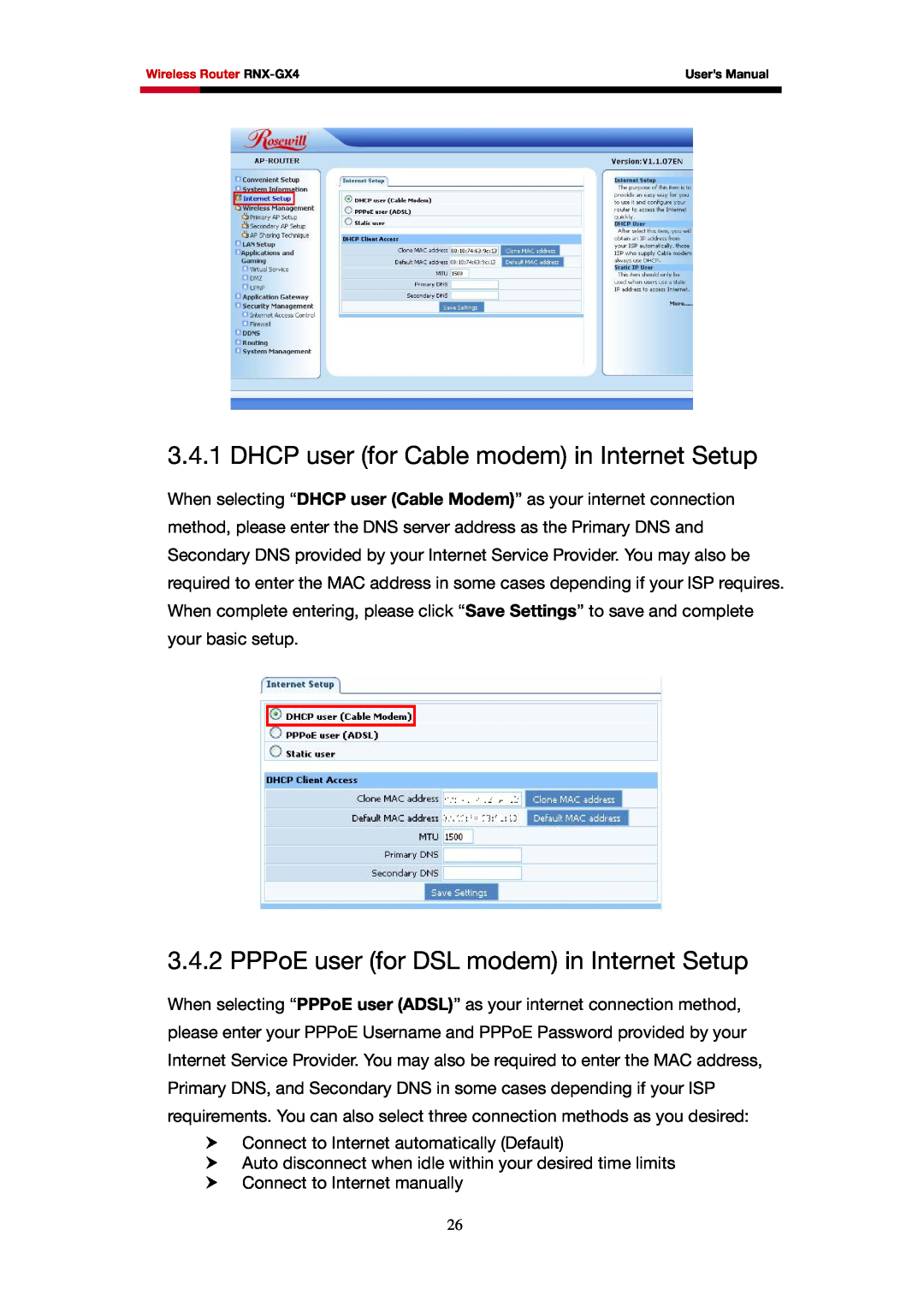 Rosewill RNX-GX4 user manual DHCP user for Cable modem in Internet Setup, PPPoE user for DSL modem in Internet Setup 