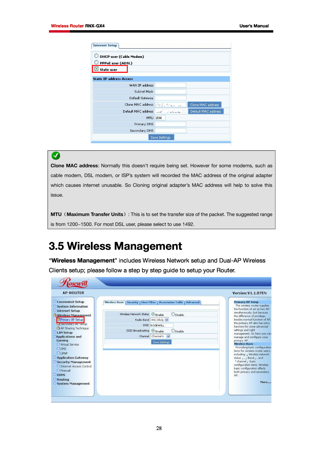 Rosewill RNX-GX4 user manual Wireless Management, Clients setup please follow a step by step guide to setup your Router 