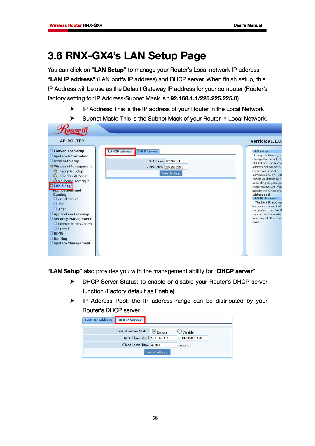 Rosewill user manual RNX-GX4’s LAN Setup Page 