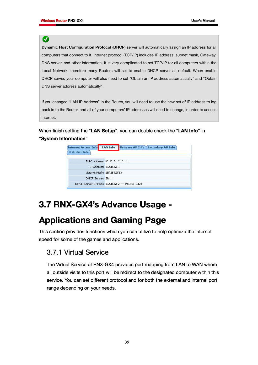 Rosewill user manual RNX-GX4’s Advance Usage Applications and Gaming Page, Virtual Service, “System Information” 