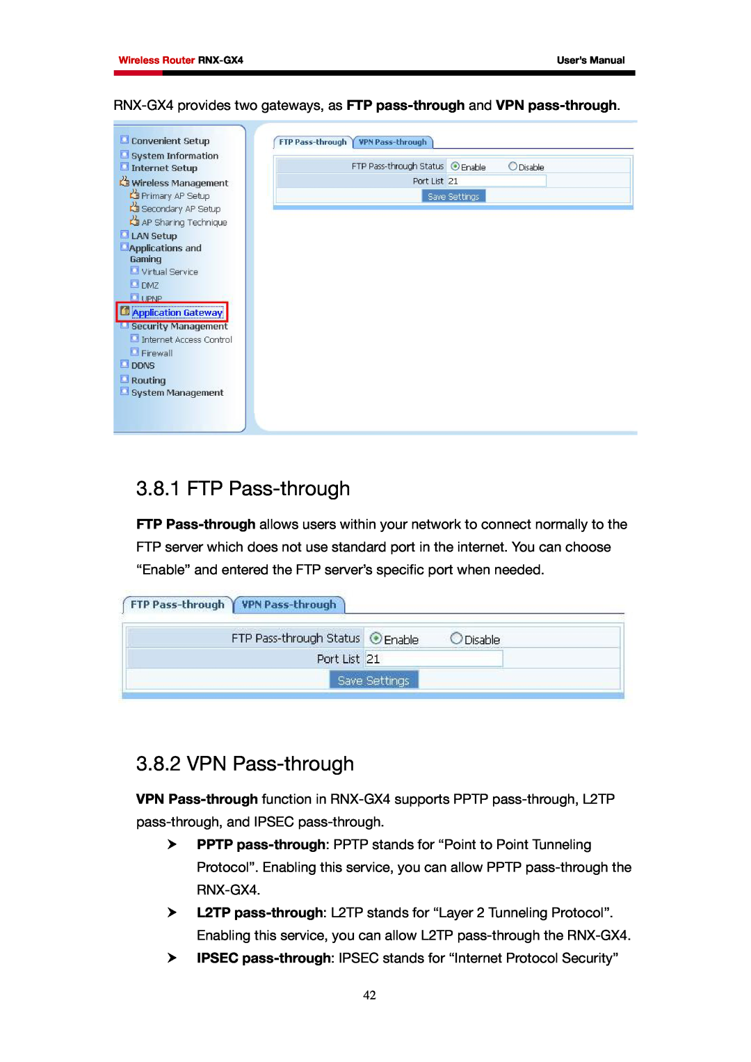 Rosewill RNX-GX4 user manual FTP Pass-through, VPN Pass-through 
