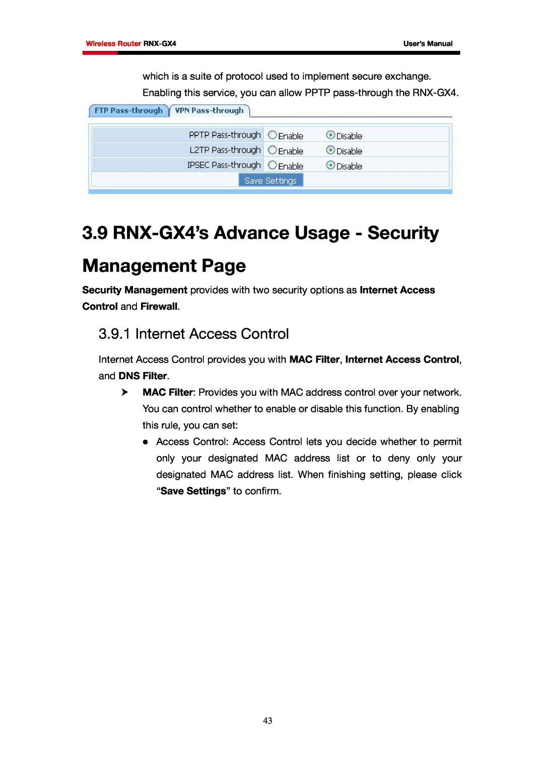 Rosewill user manual RNX-GX4’s Advance Usage - Security Management Page, Internet Access Control, Control and Firewall 