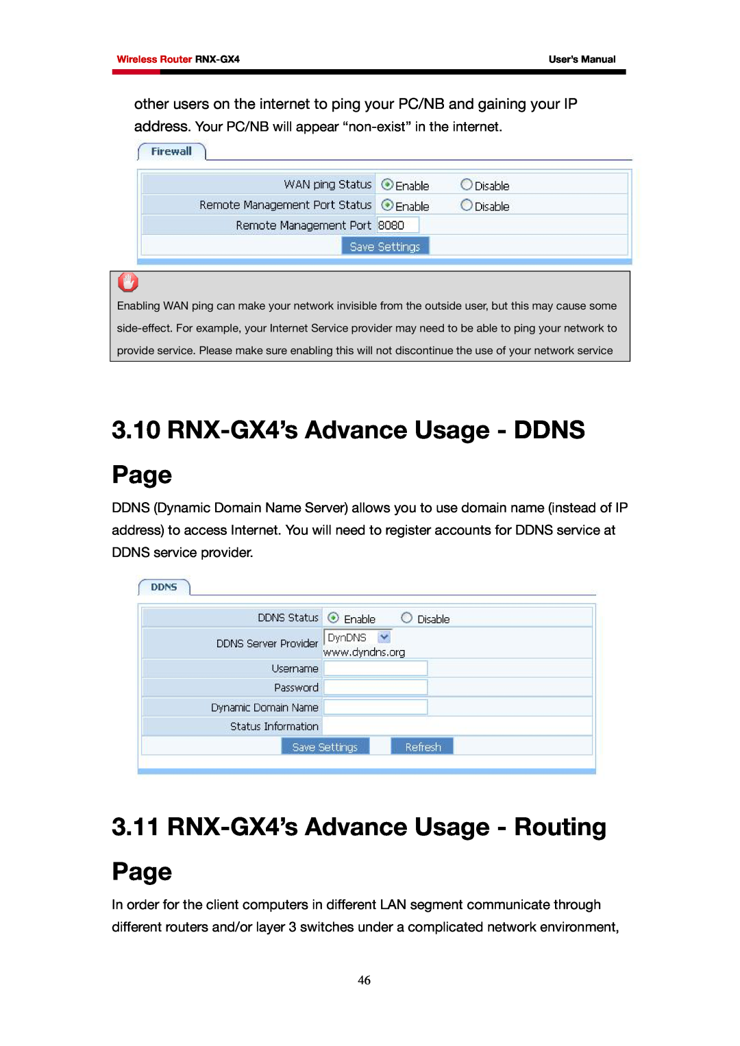 Rosewill user manual RNX-GX4’s Advance Usage - DDNS Page, RNX-GX4’s Advance Usage - Routing Page 