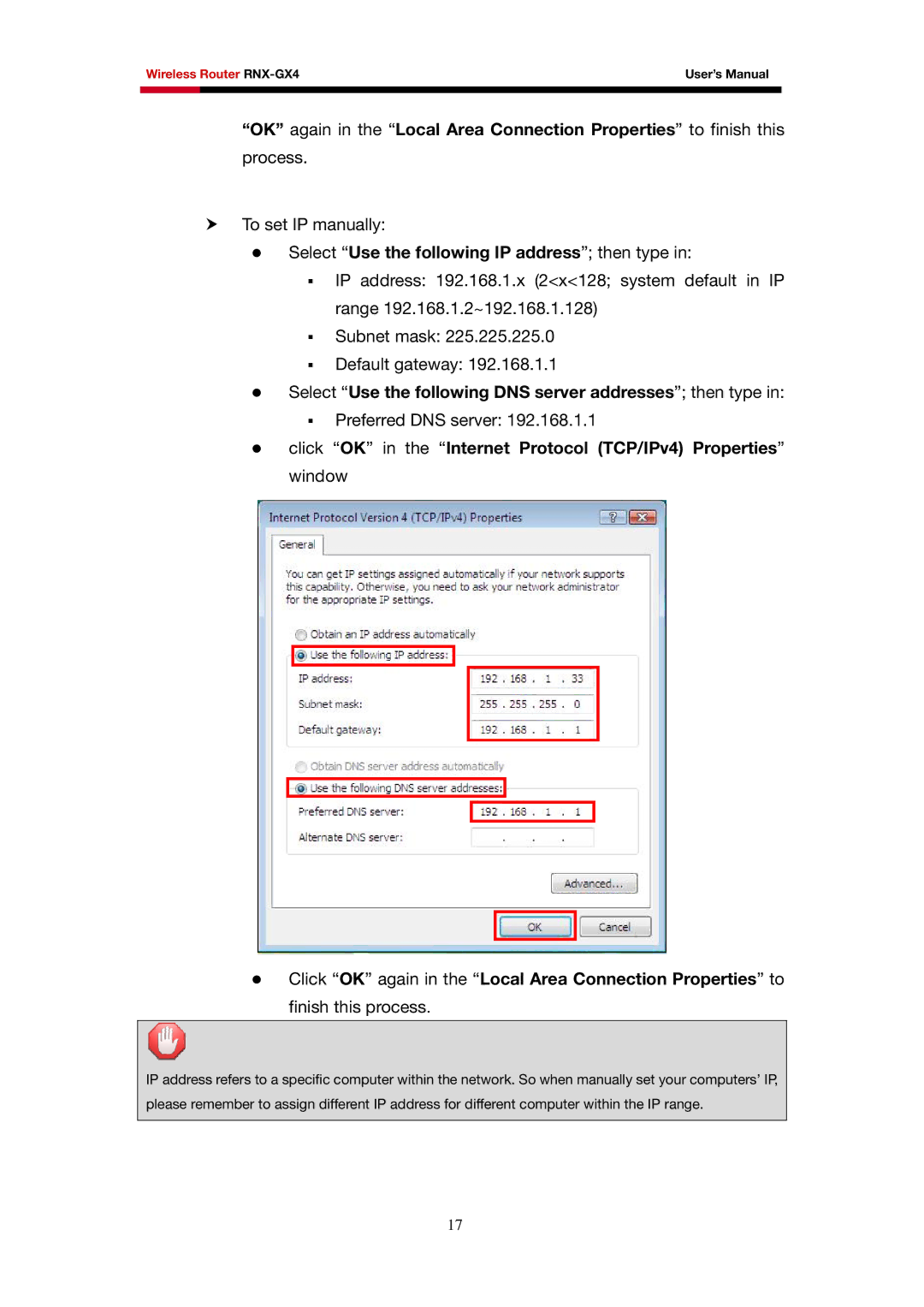 Rosewill RNX-GX4 user manual Select Use the following IP address then type 