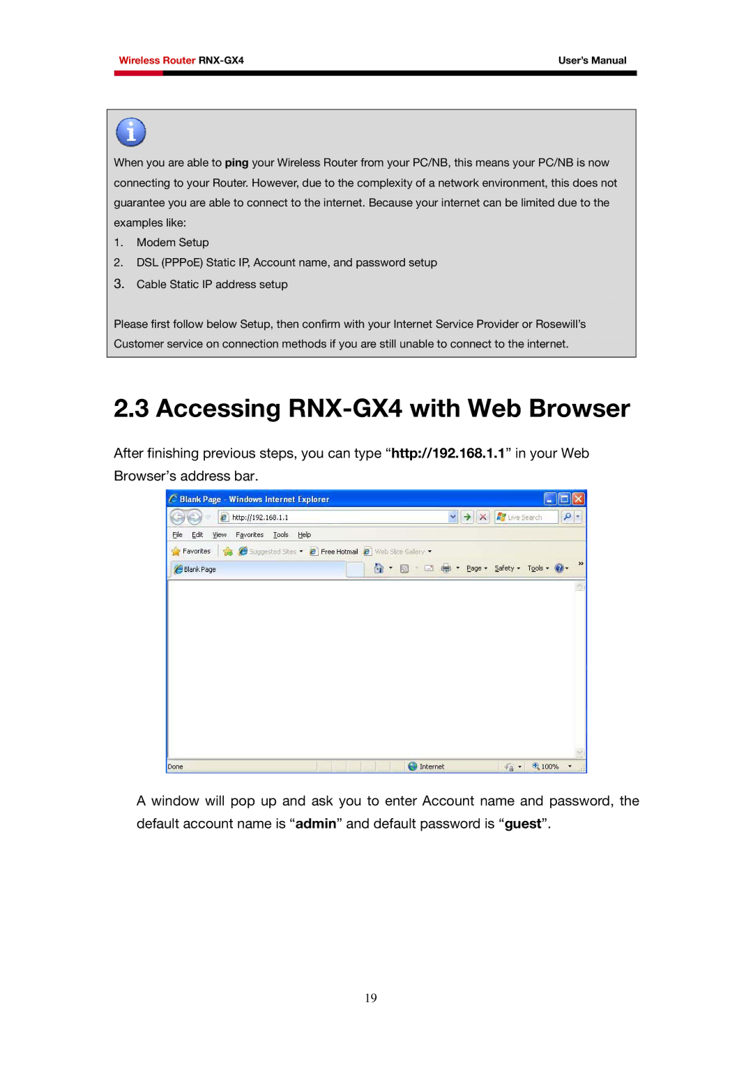 Rosewill user manual Accessing RNX-GX4 with Web Browser 