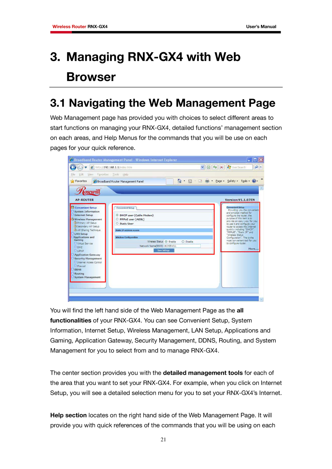 Rosewill user manual Managing RNX-GX4 with Web Browser, Navigating the Web Management 