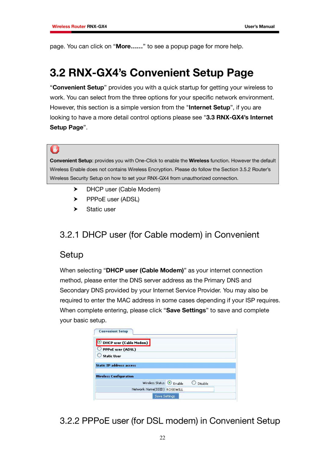 Rosewill user manual RNX-GX4’s Convenient Setup, Dhcp user for Cable modem in Convenient Setup 