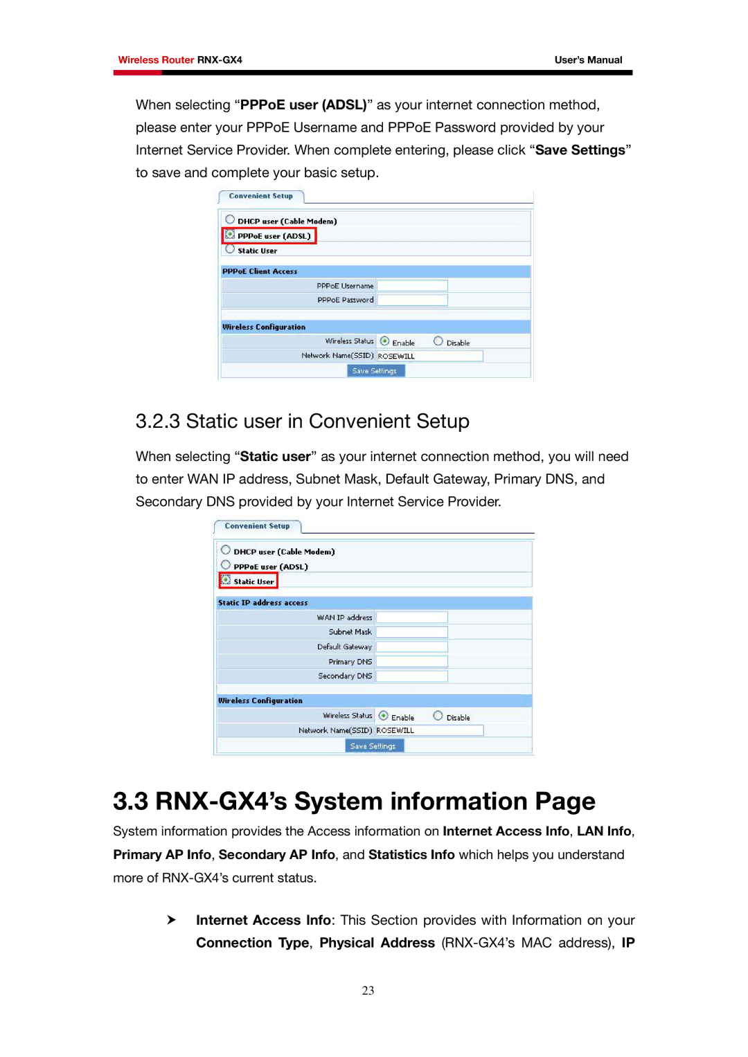 Rosewill user manual RNX-GX4’s System information, Static user in Convenient Setup 