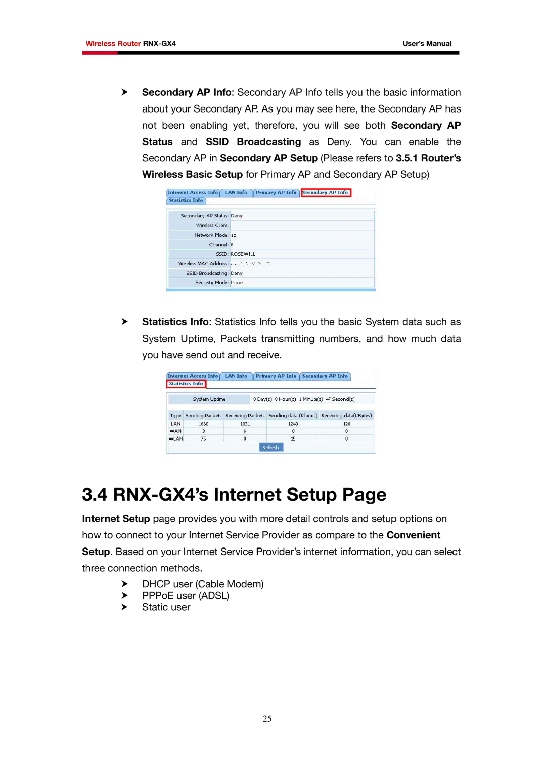 Rosewill user manual RNX-GX4’s Internet Setup 