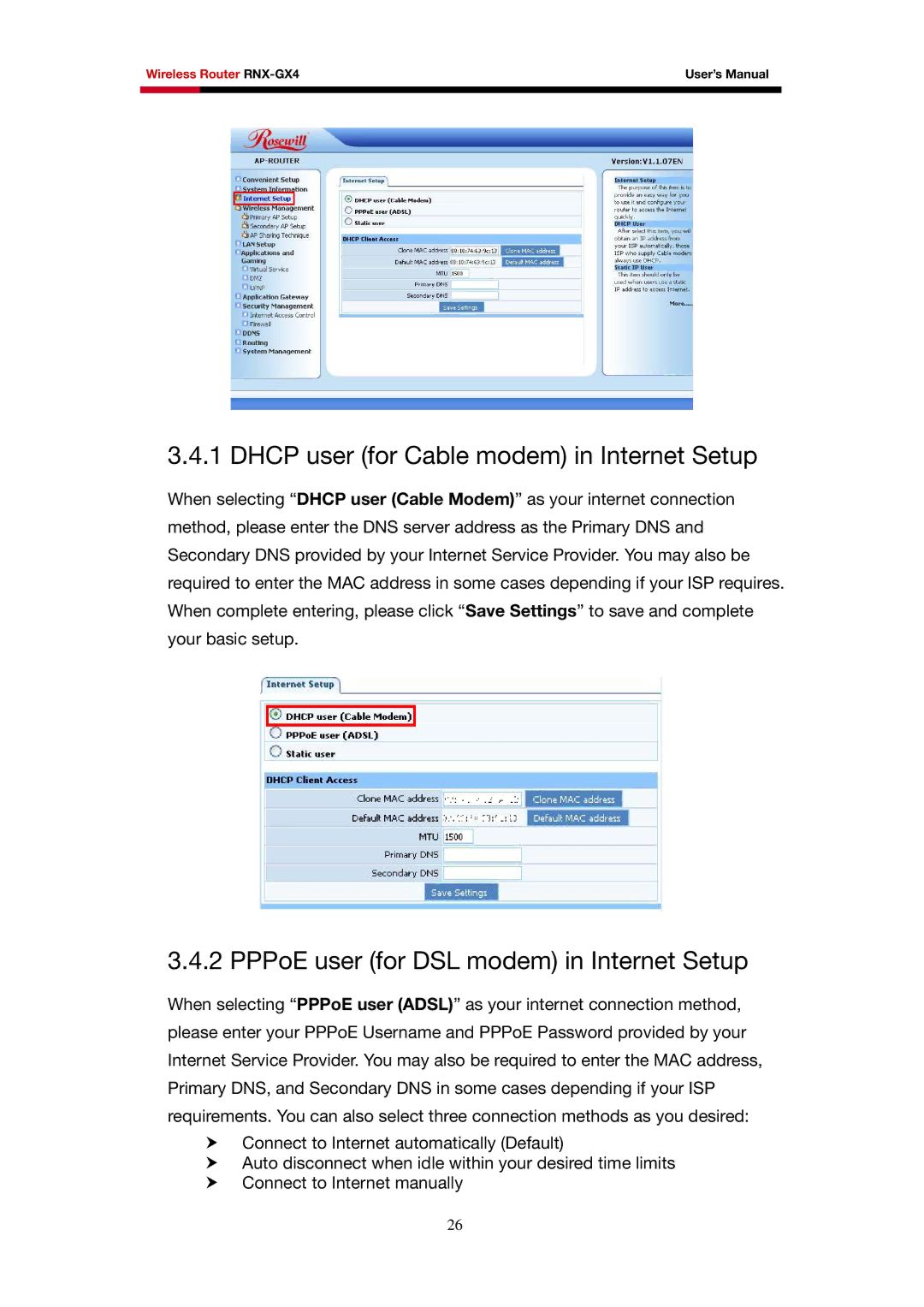 Rosewill RNX-GX4 user manual Dhcp user for Cable modem in Internet Setup, PPPoE user for DSL modem in Internet Setup 