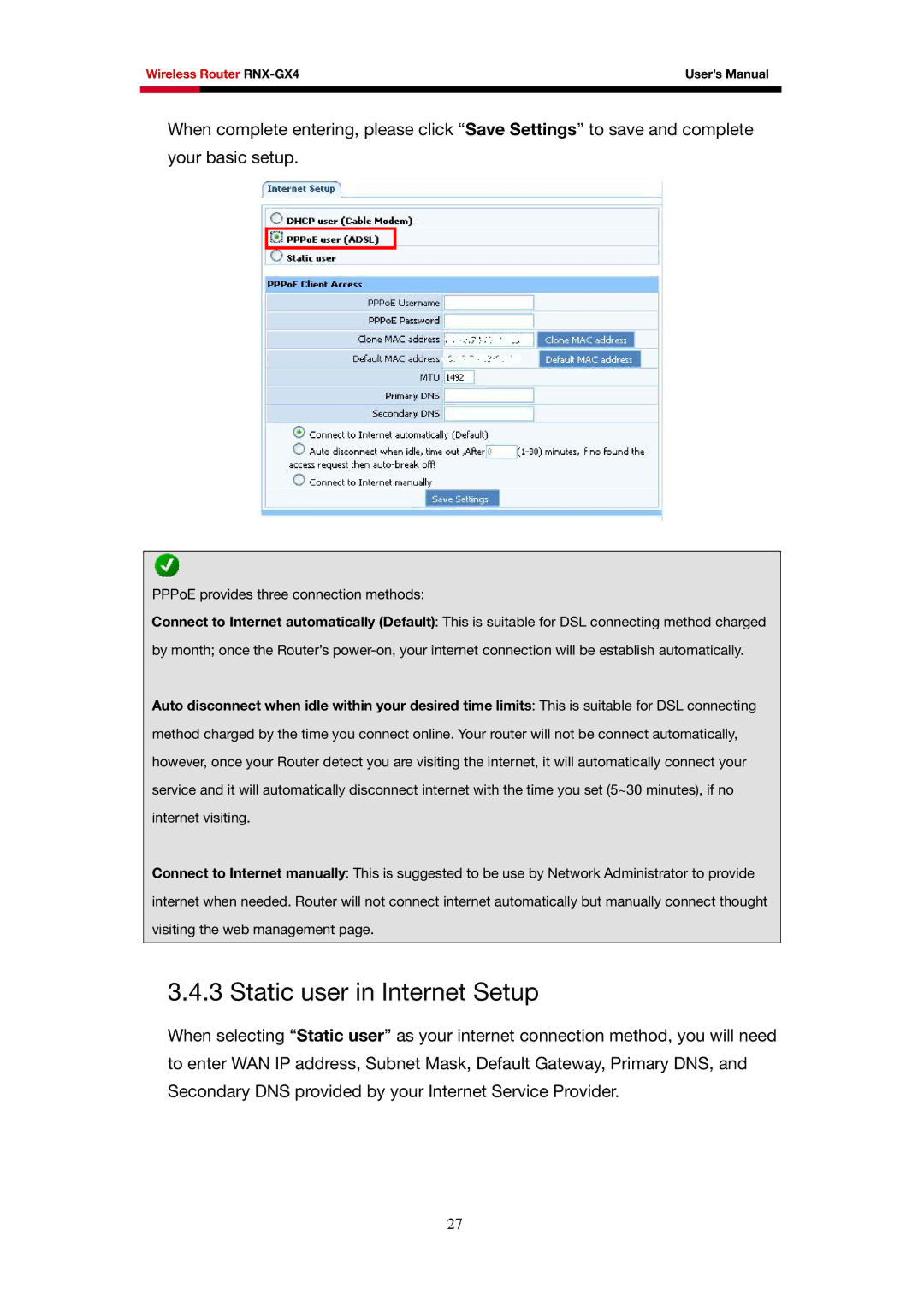 Rosewill RNX-GX4 user manual Static user in Internet Setup 