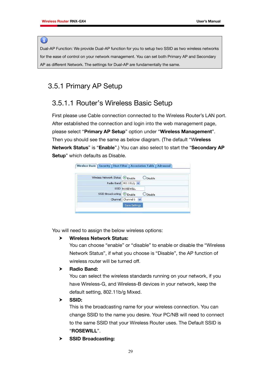 Rosewill RNX-GX4 user manual Primary AP Setup Router’s Wireless Basic Setup, Wireless Network Status, Radio Band, Ssid 