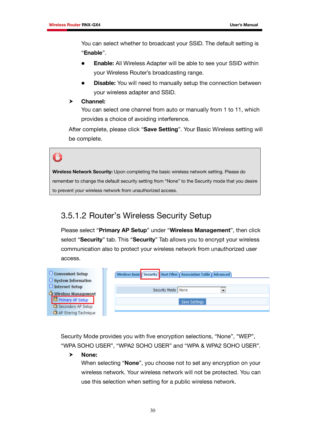 Rosewill RNX-GX4 user manual Router’s Wireless Security Setup, Channel, None 