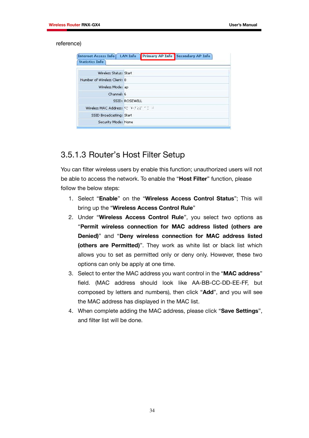 Rosewill RNX-GX4 user manual Router’s Host Filter Setup 