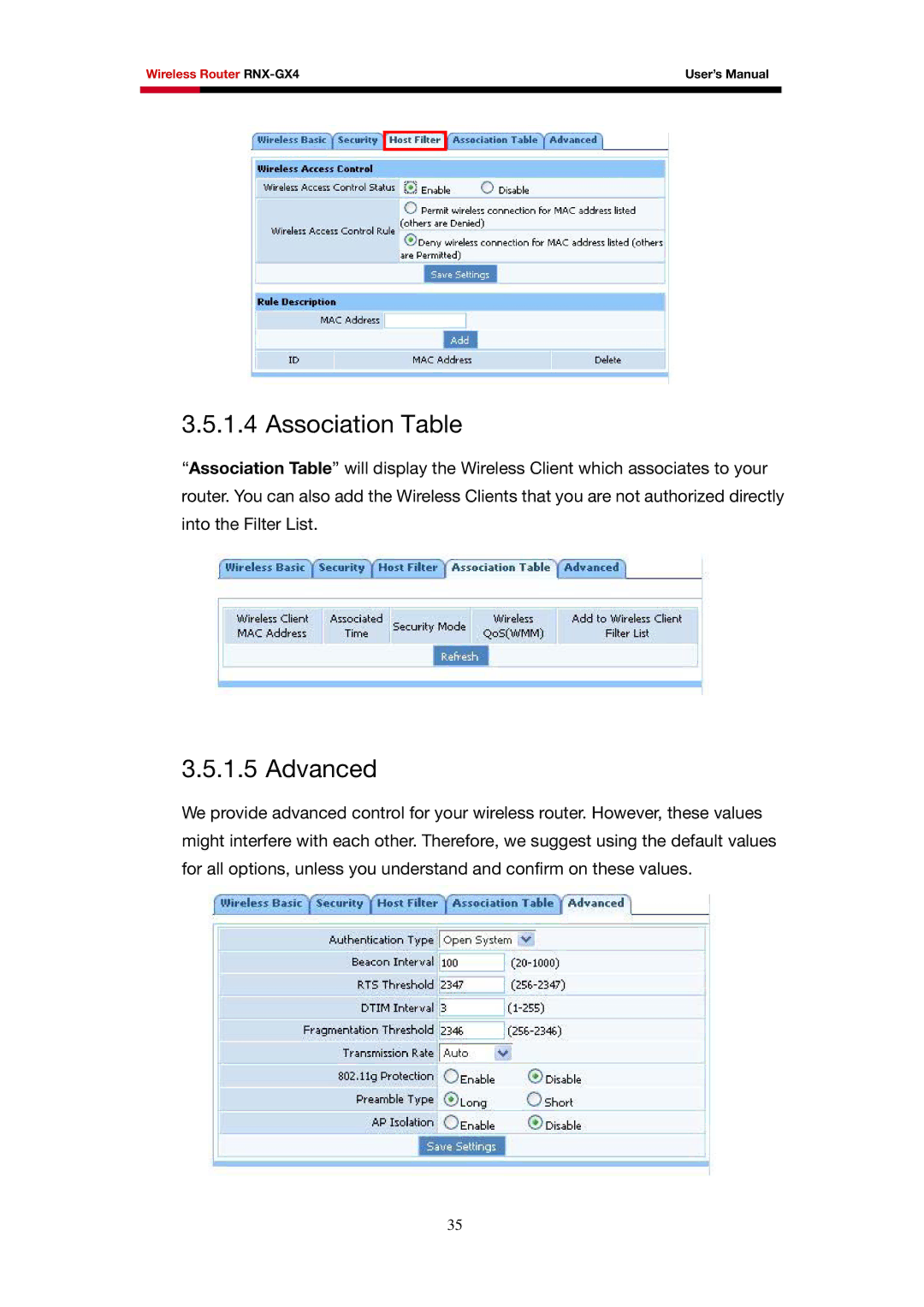 Rosewill RNX-GX4 user manual Association Table, Advanced 