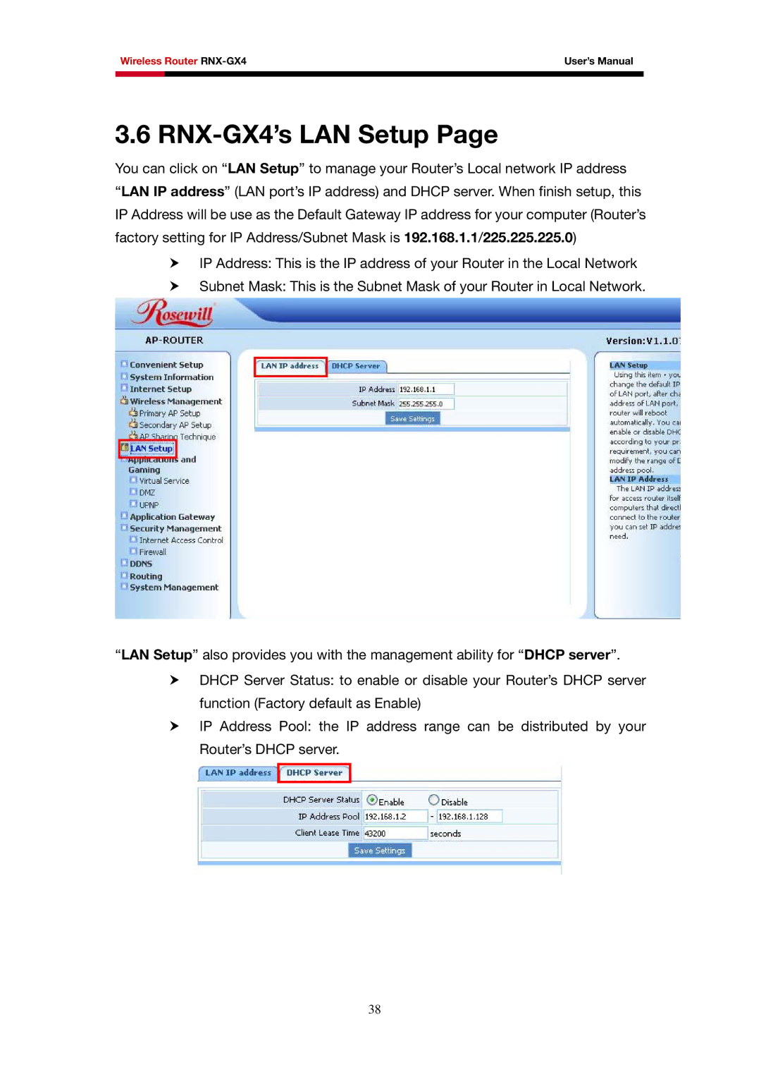 Rosewill user manual RNX-GX4’s LAN Setup 