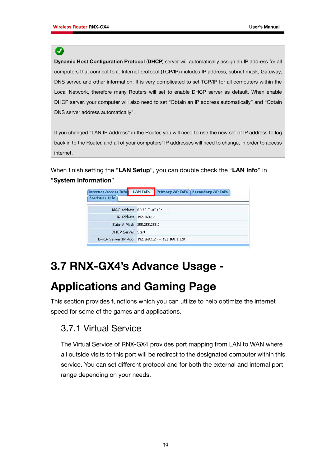 Rosewill user manual RNX-GX4’s Advance Usage Applications and Gaming, Virtual Service, System Information 