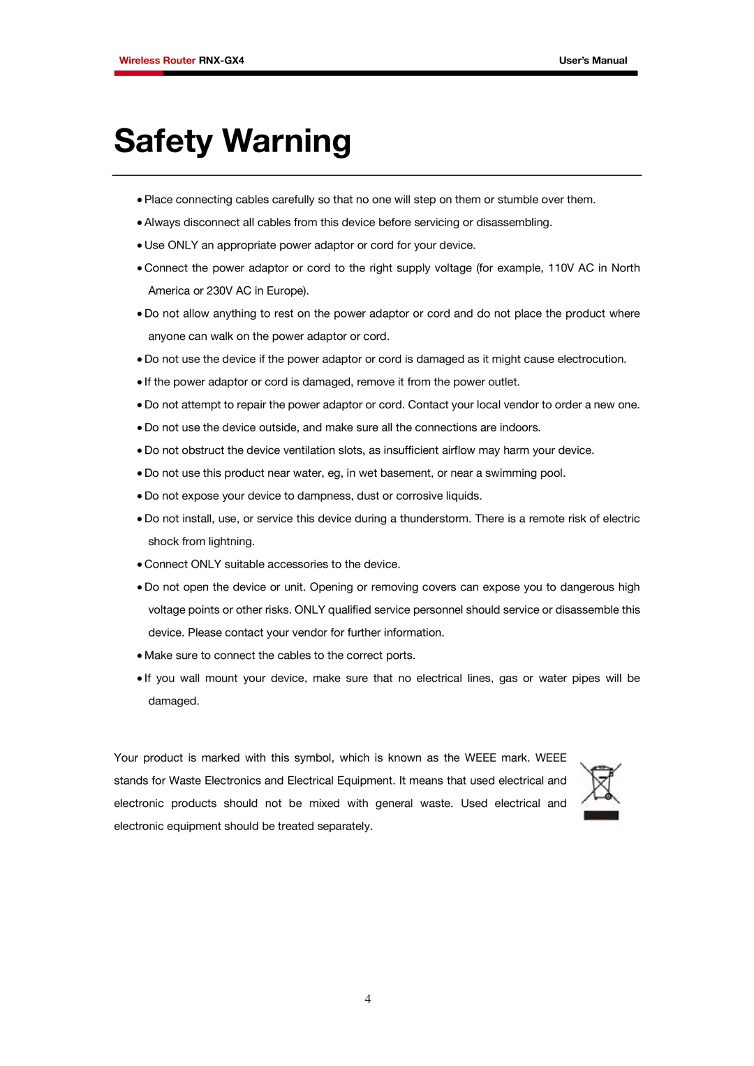 Rosewill RNX-GX4 user manual Safety Warning 