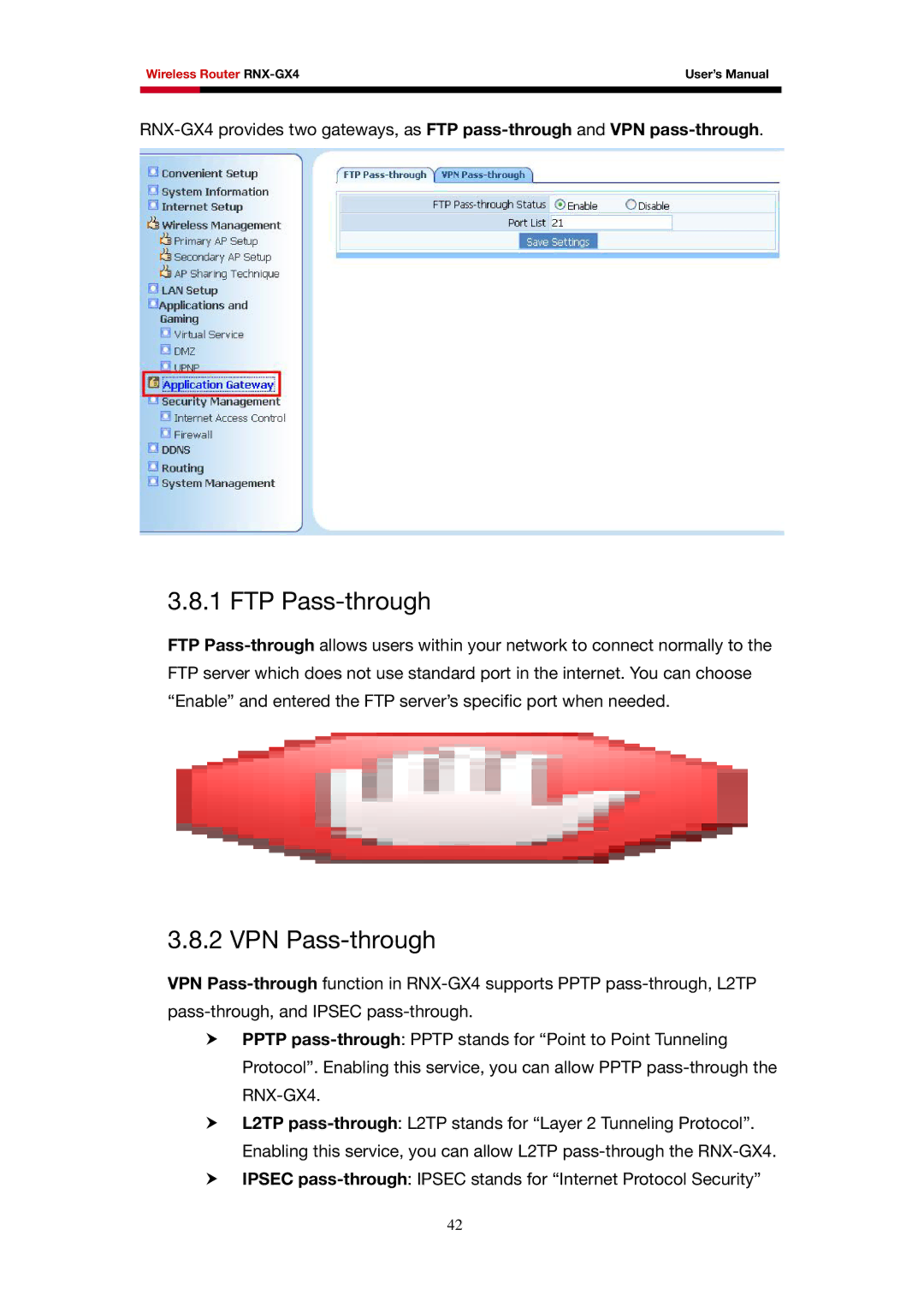 Rosewill RNX-GX4 user manual FTP Pass-through, VPN Pass-through 