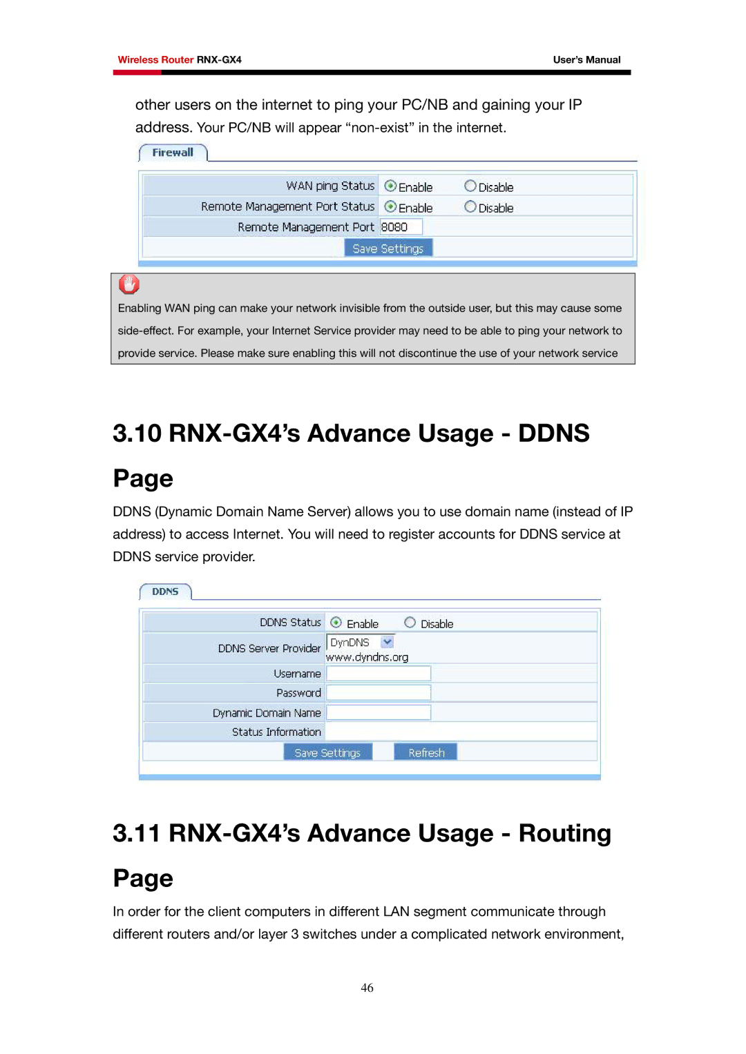 Rosewill user manual RNX-GX4’s Advance Usage Ddns, RNX-GX4’s Advance Usage Routing 