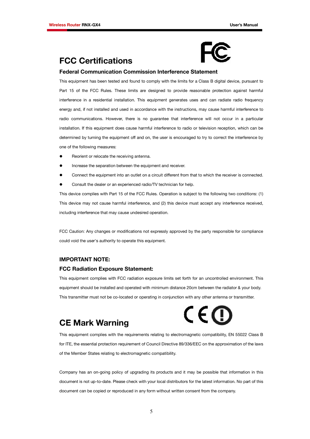 Rosewill RNX-GX4 user manual FCC Certifications 