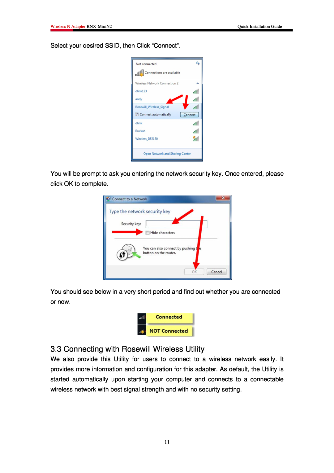 Rosewill RNX-MiniN2 manual Connecting with Rosewill Wireless Utility 