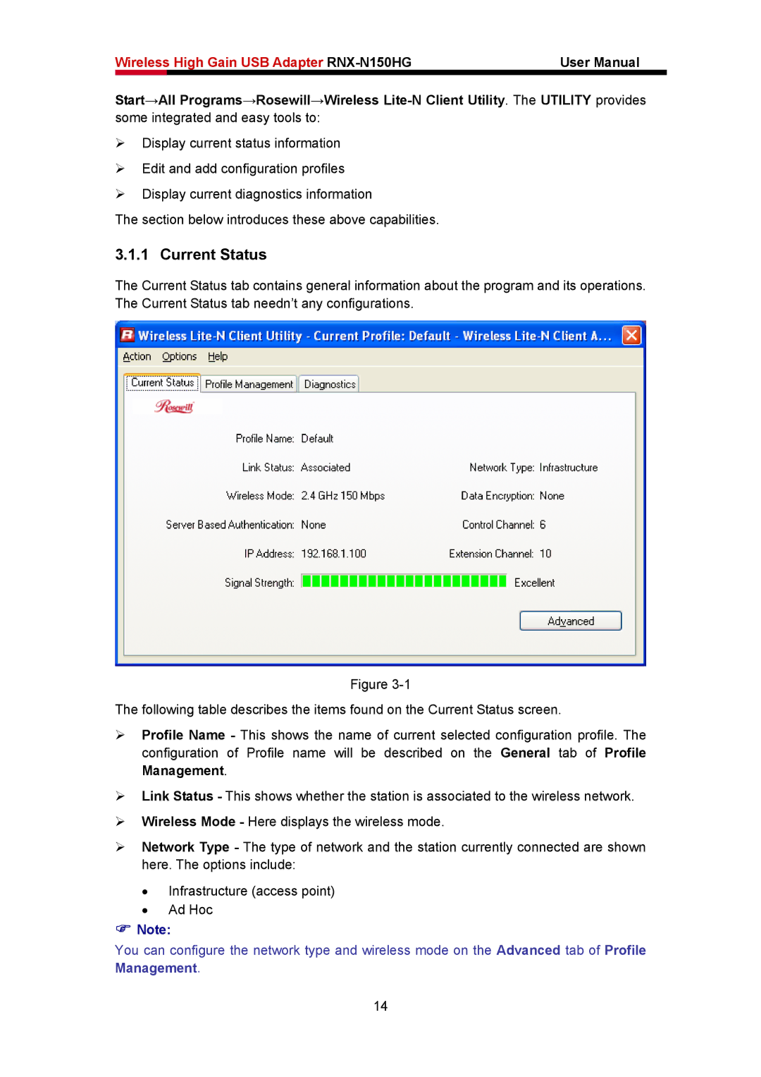 Rosewill RNX-N150HG user manual Current Status 