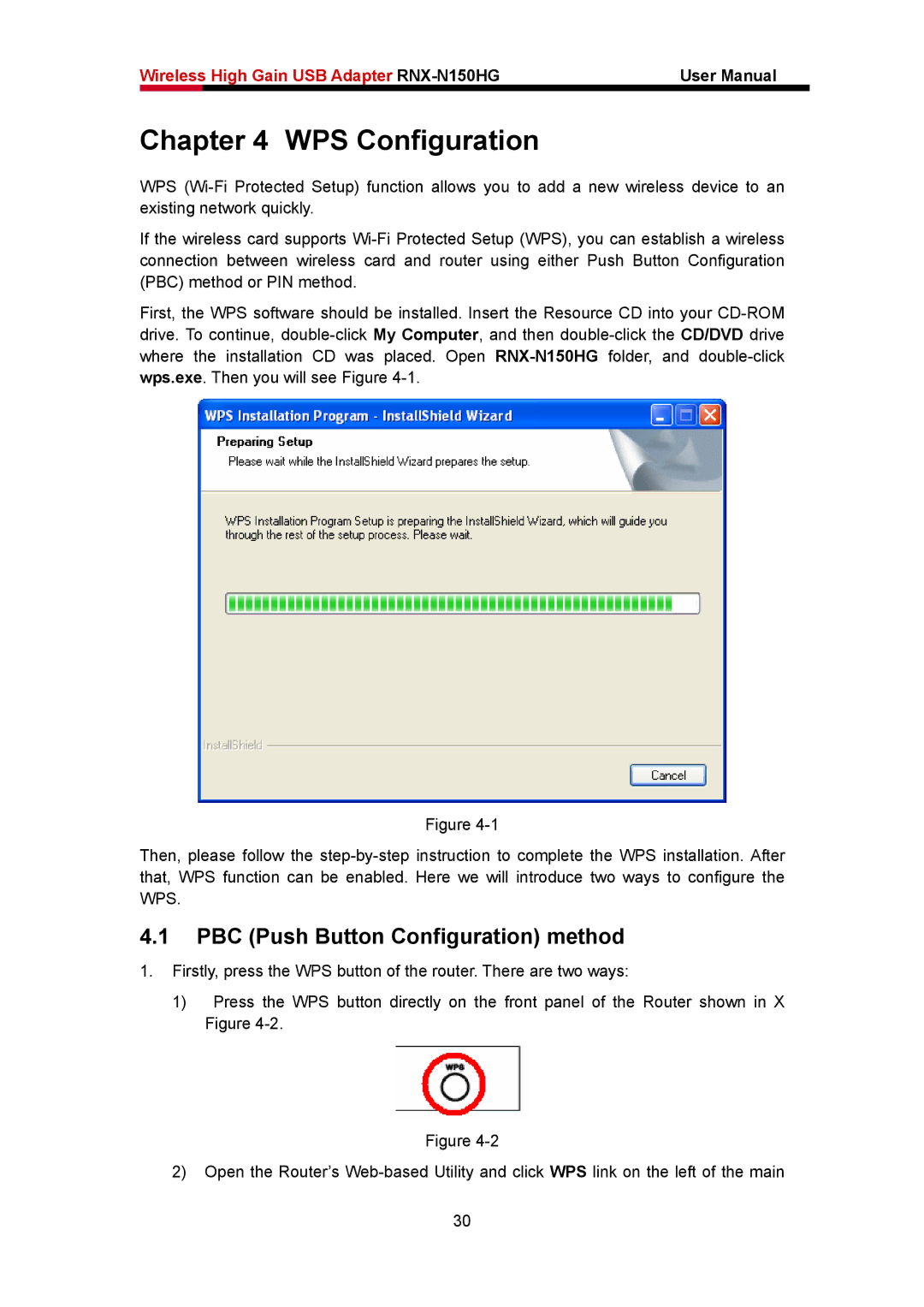 Rosewill RNX-N150HG user manual WPS Configuration, PBC Push Button Configuration method 